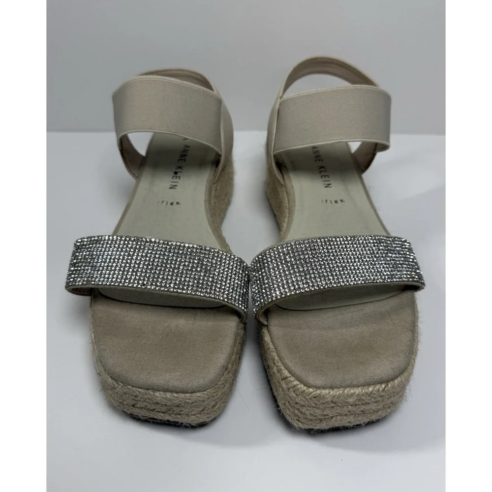Anne Klein Rhinestone Espadrille Wedge Strappy Sandals Beige Silver Women 7.5M